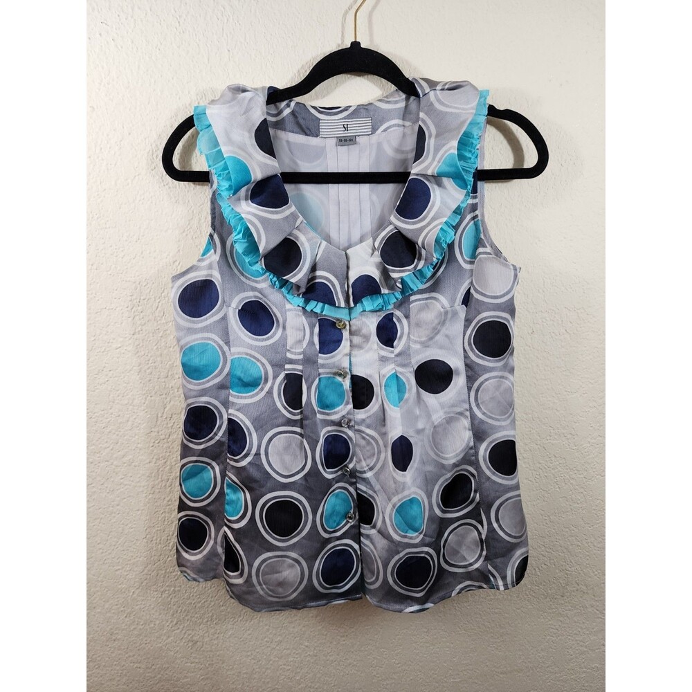 SI Womens S Blue Gray Polka-dot Sleeveless V-Neck Button Up Blouse